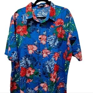 XXL Men's Cotton Blend Blue Red Hawaiian Tropical Office VCAY Beach Dress Shirt